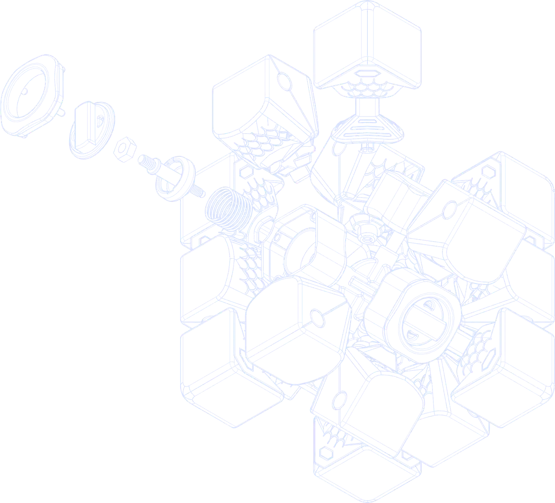 Exploded wireframe drawing of the PMARC Cube, showing its internal core, spring, and tension cap