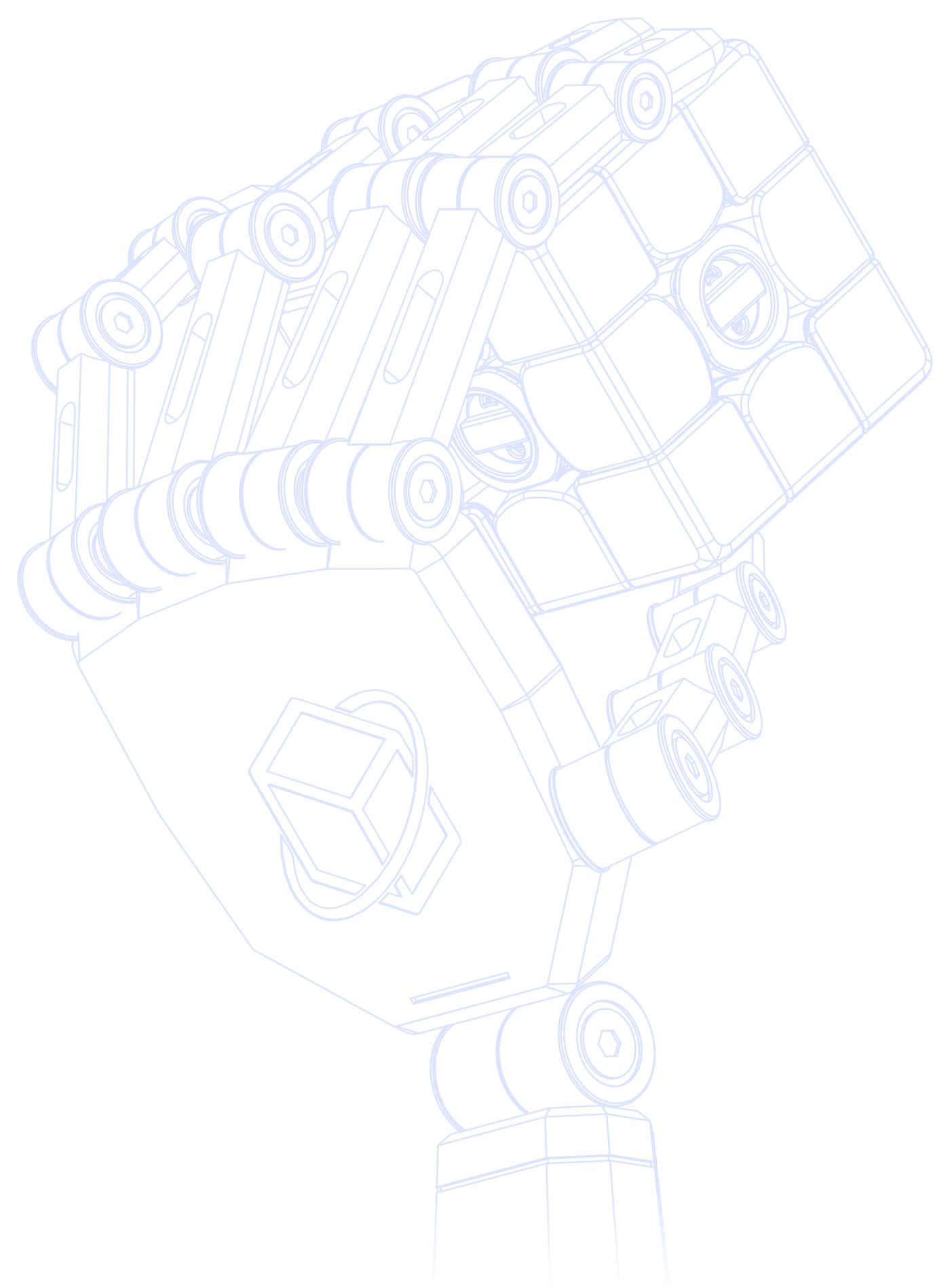 Wireframe drawing of a robotic hand, with a PMARC Labs actuator module at every joint, holding a PMARC Cube
