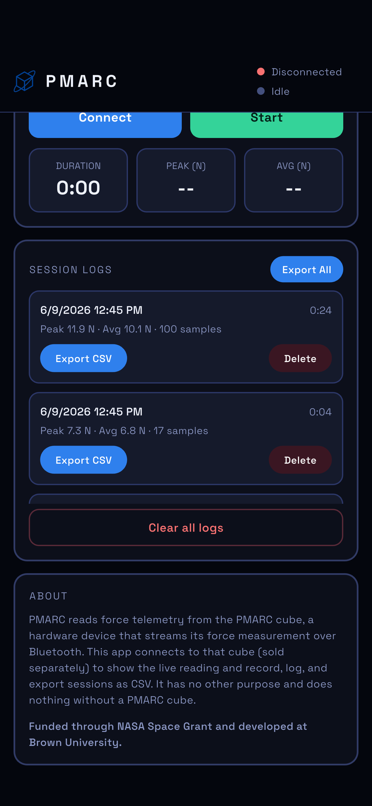 Session logs screen